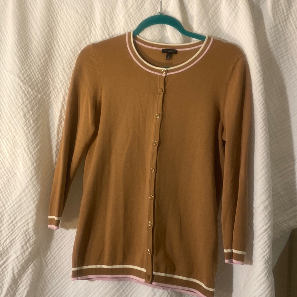 Talbots tan sweater with pink and white trim. Size small